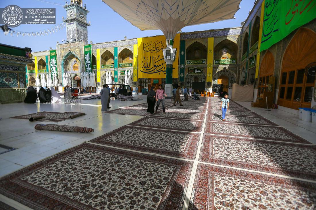 فرش الصحن العلوي المطهر بـ2000 سجادة من النوع الكاشاني استعداداً لمهرجان الغدير السنوي السابع | 