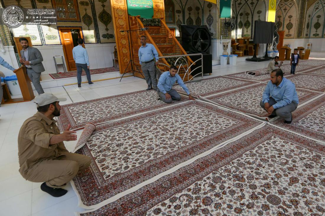 فرش الصحن العلوي المطهر بـ2000 سجادة من النوع الكاشاني استعداداً لمهرجان الغدير السنوي السابع | 